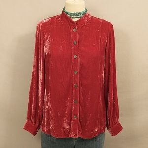 Velvet Blouse Dark Rose Silk Blend Band Collar Sheared Back Soft Lush & Washable